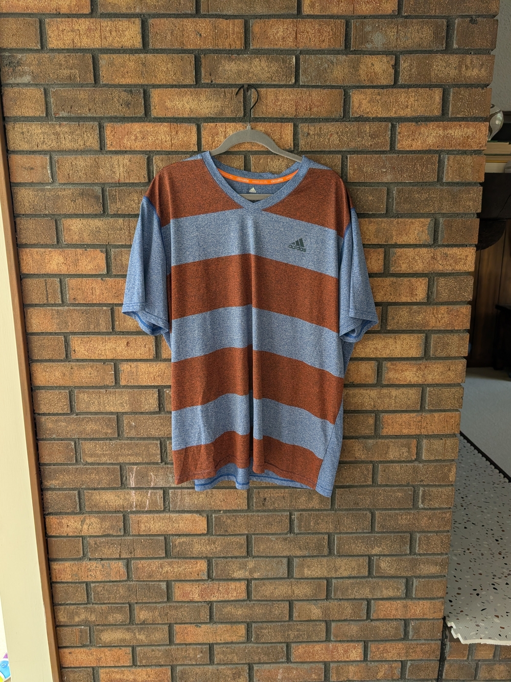 Adidas Men's Striped V-Neck Shirt in Blue and Rust